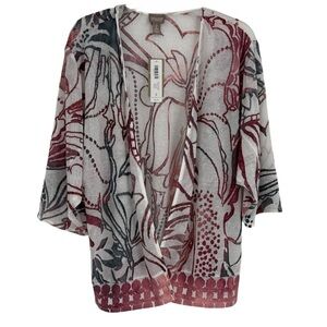Chico’s NWT floral Jacquard Sheer Jacket Size 2(L) Open Front 3/4 Sleeves